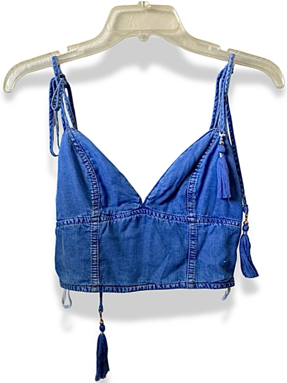 Denim Tie-Shoulder Crop Camisole in Blue